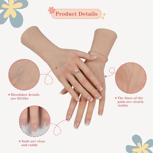 Realistic Female Silicone Hand Mannequin Hand Model Fake Hand with Skeleton for Manicurist Reusable Acrylic Nails Art Practice Jewelry Display - Nude Left Hand