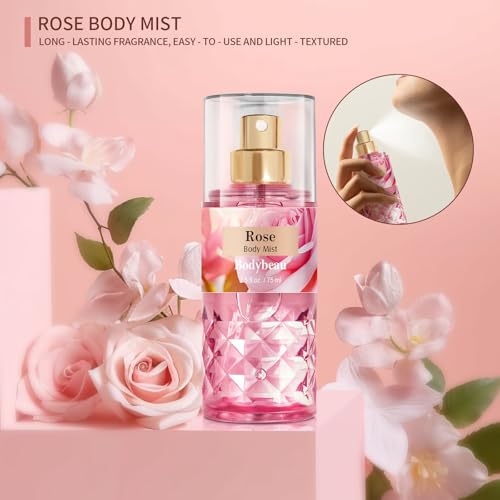 Bath and Body Gift Set for Women & Girls, Rose 4PCS Set for - Shower Gel, Body Lotion, Body Mist, Exfoliating Scrub, Personal Portable Body Care Travel Set