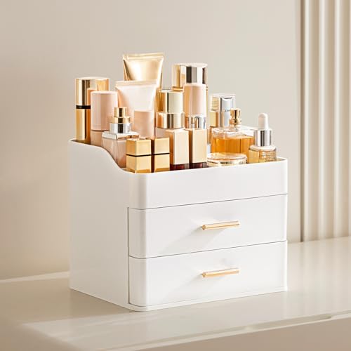 HBlife Makeup Organizer for Vanity with 2 Drawers, Large Bathroom Countertop Cosmetics Organizer Skin Care Storage, Easy to Store Lipsticks, Nail Polishes, Perfumes, Eyeshadow Palettes, All White