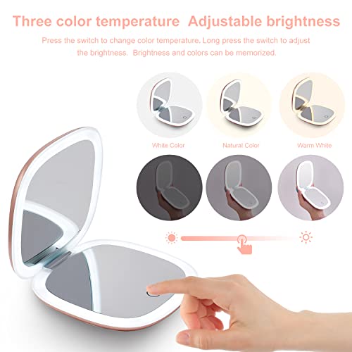 Mocado Compact LED Magnifying Travel Makeup-Mirror - 4 inches 1X/10X Magnification Small Hand Pocket Dimmable Double Sided USB Rechargeable Touch Screen, Portable Tabletop Cosmetic (Rose Gold)