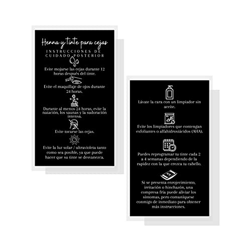 SPANISH Brow Tint & Henna Aftercare Card | Henna y Tinte Para Cejas | 50 Pack | Size 2x3.5¡± inches Business Card | Starter Lift Kit with Tint at home diy supplies | Black with White Design
