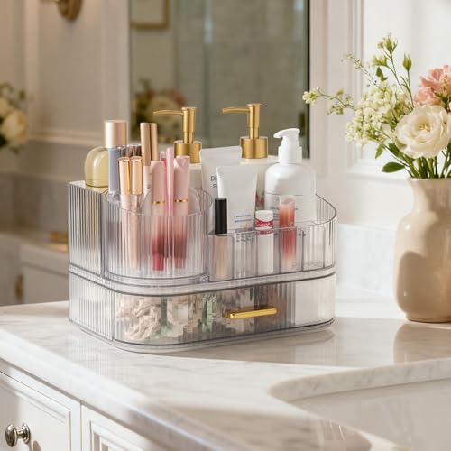 Delamu Makeup Organizer for Vanity with Stackable Drawers, 360 Rotating Makeup Brush Holder Large Cosmetic Display Case, Bathroom Skincare Storage, Crystal Clear, Ideal Christmas Gifts for Girls
