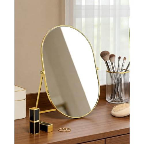 Vanity Desk Table Mirror, Adjustable Rotation Oval Tabletop Standing Makeup Mirror with Metal Framed for Living Room, Bedroom, Bathroom, Gold