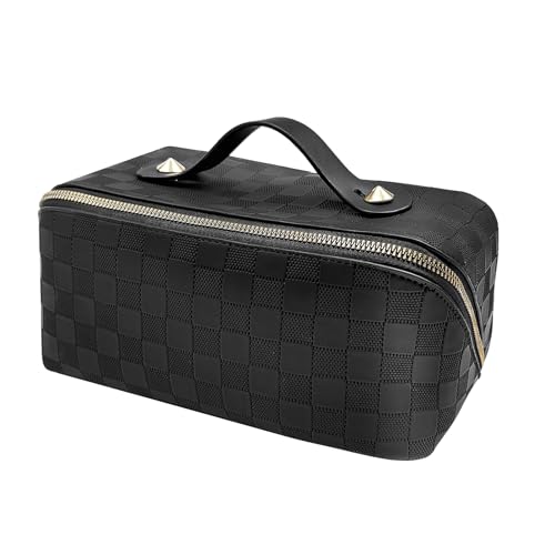 Travel Makeup Bag, Large Capacity Cosmetic Bags for Women, Waterproof Portable Pouch Open Flat Toiletry Bag Make up Organizer with Divider and Handle, Black