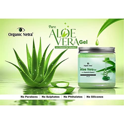 Organic Netra Pure Aloe Vera Gel with Vitamin C & E for Skin, Face and Hair | Helps to Repair and Smoothens Hair | Relax and Renew Your Skin and Scalp | Paraben Free & Sulphate Free - 7.05 Oz
