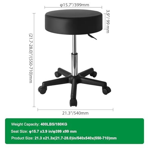 Hydraulic Adjustable Rolling Stool with Wheels, 360¡Æ Swivel Office Chair, 400LBS - for Salon, Tattoo, Barber, Massage, PU Leather, Easy-Clean, Whisper-Quiet Casters, Black