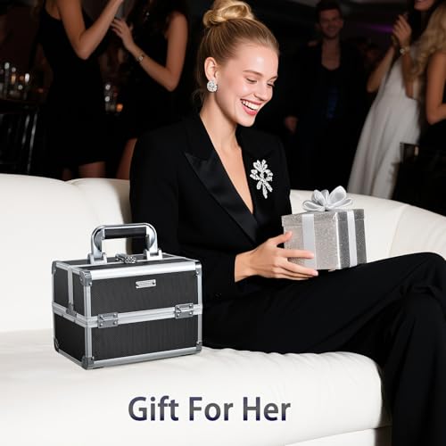 FRENESSA Makeup Case Organizer Cosmetic Box Storage Portable Makeup Train Case with Mirror 2 Trays Travel Vanity Box for Cosmetics Nail Kits Craft Tools Case Aluminum Hard Make Up Organizer Black