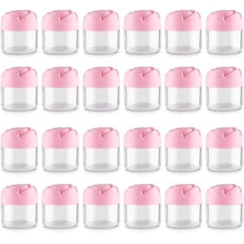 RONRONS 24 Pack Pink Rose Flower Shaped Empty Cream Jars, Clear Leak-Proof Plastic Cosmetic Containers with Lids for Makeup, Nail Polish, Bulk Wholesale for Small Business