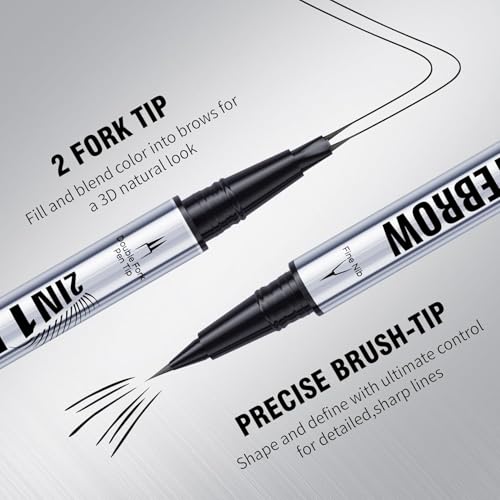 Eyebrow Pencil Curved Eyebrow Pen, Microblading Eyebrow Pen 2-in-1 Dual-Ended with 2-Fork-Tip & Precise Brush-Tip with Eyebrow Brush, Waterproof Natural Brow for Women (03#DARK BROWN)