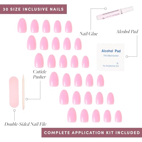 Glamnetic Press-On Nails - Think Pink | Super Strong Brush On Glue & Press-On Nail Remover | Solid Opaque Light Pastel Pink Short Oval Nails, Reusable | 15 Sizes - 30 Nail Kit