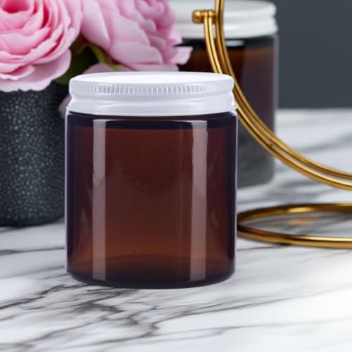 (6 pack) 4 oz / 120 ml Amber Thick Glass Jar with White Metal Airtight Lid