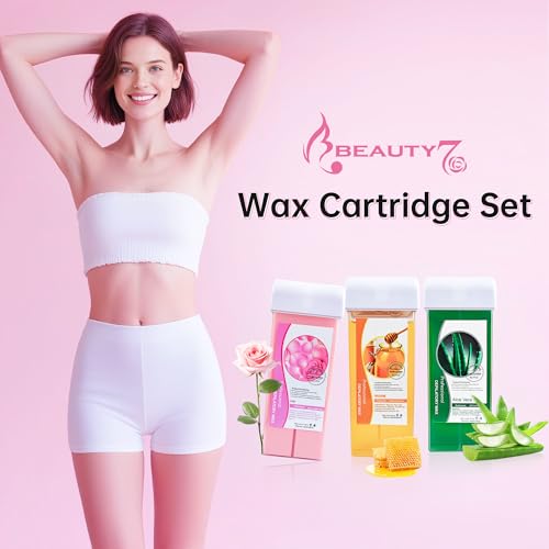 Beauty7 Roll On Wax, Body Hair Removal, Wax Roller Kit, 3 Packs Waxing Cartridge Depilatory Honey Refill, Underarm Leg Waxing for Women and Men, 5 Calming Oil Wipes, 50pcs Paper Strips