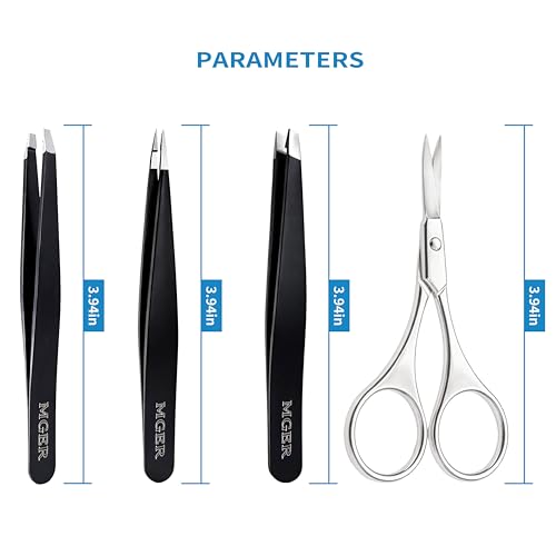 MGER Tweezers Set - Professional Stainless Steel Tweezers for Eyebrows - Great Precision for Facial Hair, Splinter and Ingrown Hair Removal (Black)