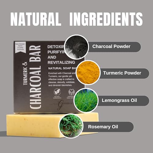 Turmeric Charcoal Bar ? Natural Face & Body Soap for Acne, Dark Spots & Detox | Even Skin Tone | Deep Cleansing | Handmade, Organic, Vegan with Activated Charcoal & Turmeric (1)