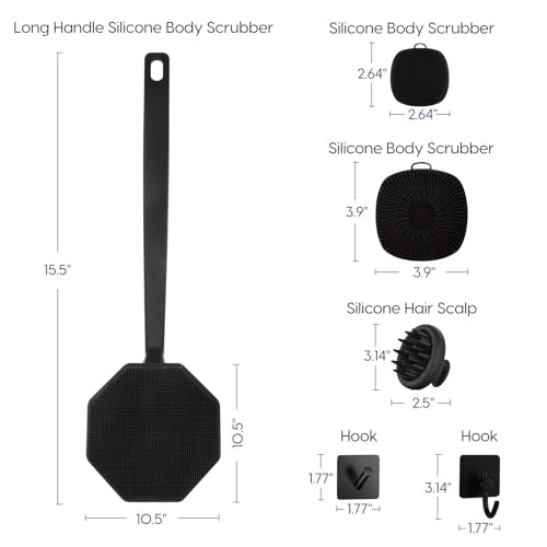 Silicone Body Scrubber Set £¬Includes Back & Body Scrubbers, Face Brush, Scalp Massager, 4 Storage Hooks, Shower & Bathroom Hygiene Accessories for Gift(Black) (D)