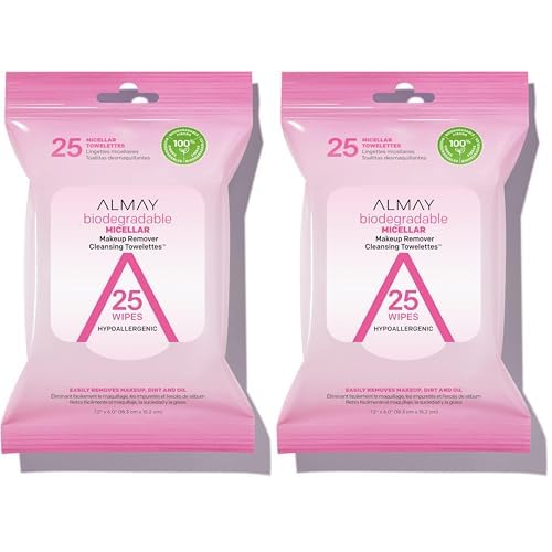 Almay Makeup Remover Cleansing Towelettes, Biodegradable Micellar Water Wipes for Sensitive Skin, Hypoallergenic, Cruelty- & Fragrance-Free, 25 Count (Pack of 2)
