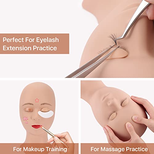 Pretty memory Lash Mannequin Head with 4 Pairs Removable Practice Eyelids, Silicone Eyelash Mannequin Head for Makeup Practice and Lash Extension Training