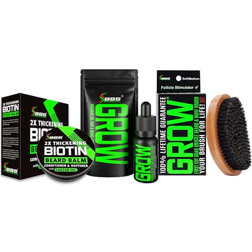 Beard Growth Kit w/GROW XXL Beard Oil/Serum for Facial Hair Growth for Men + 100% Lifetime Replacement Boar Bristle Brush + 2X Thickening Biotin Mustache Wax & Balm for Men - Formulated in America