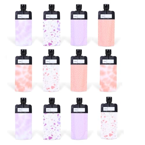 ASEVAT 3 oz Leak Proof Empty Squeeze Pouches, Refillable Travel Size Containers, Portable Liquid Pouches for Travel, Stand Up Pouch,TSA Approved (Pink+Purple, 12 pack)