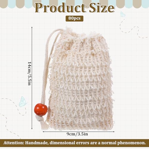 Soap Saver Bag, 80 Pack Bar Soap Pouch Natural Cotton Linen Exfoliating Soaps Bag with Drawstring Reusable Hand Made Mesh Soaps Bags for Bath and Shower Massaging(5.5 X 3.5 Inch,Beige)