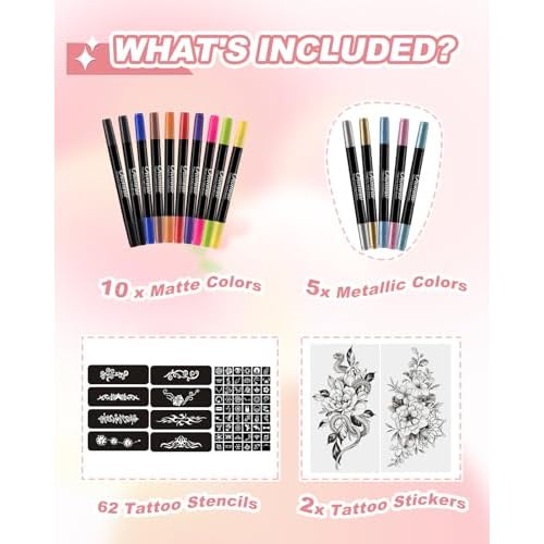 Oiomniv Temporary Tattoo Markers, 15PCS Body Markers Dual-End for Teens Adults, 62 Tattoo Stencils Temporary Tattoos Stickers, Glitter Matte Neon Tattoo Pens, Flexible Brush Tip, Skin Safe