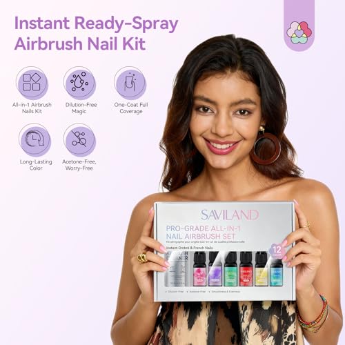 SAVILAND All-in-1 Airbrush Gel Nail Polish Kit: Dilution-Free Airbrush Paint for Nails Non-Acetone 12 Colors Airbrush Gel Polish with Airbrush Cleaner Stencils French Ombre Blush Nail Art Beauty