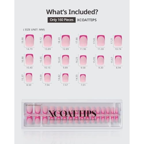 BTArtboxnails French Tip Press On Nails - Pink Short Square Valentines Press On Nails, Soft Gel Nail Tips, 160Pcs Soak Off Acrylic Fake Nail Extension in 16 Sizes