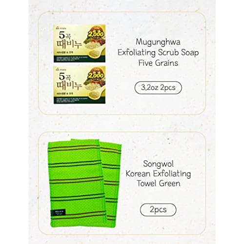 Five Grains Exfoliating Scrub Soap 3.2oz 2pcs + Songwol Korean Exfoliating Towel Green 13cm X 23.5cm 2pcs