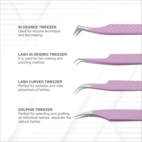 Jimy 4 Piece Set Lash Tweezers for Eyelash Extensions, Anti-Slip Diamond Grip for Professionals, Straight and Curved Precision Fiber Tips Stainless Steel, Multipurpose Eyelash Tweezers