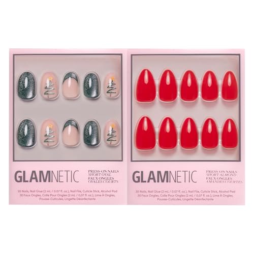 Glamnetic Press-On Nails Bundle - Velvet Pine & Fiery Red | Deep Green Short Oval Fake Nails with French Tips, Tree Designs & Velvet Finish | right Red Short Almond False Nails | Durable, Salon-Qualit