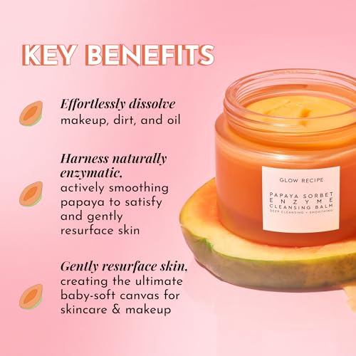 Glow Recipe Papaya Enzyme Cleansing Balm, Korean Double Cleanse First Cleanser, Makeup Remover + Cleansing Oil Balm, Gentle Exfoliating Face Cleanser, Hydrating (3.38 oz)