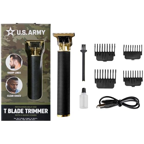 U.S. Army Electric Razor for Men, Hair and Beard Trimmer, T-Blade Clippers, Cordless Rechargeable Shaver with 4 Guide Combs