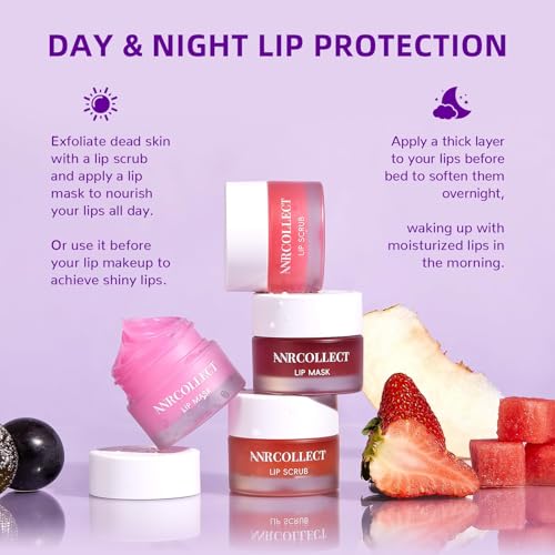 ANRCOLLECT Lip Scrub & Lip Mask - Overnight Treatment Lip Care Kits with 2 Lip Exfoliator & 2 Sleeping Lip Balm, Intense Hydration Lip Set for Dry Chapped Cracked Lips, Exfoliate & Moisturize (4 Pack)