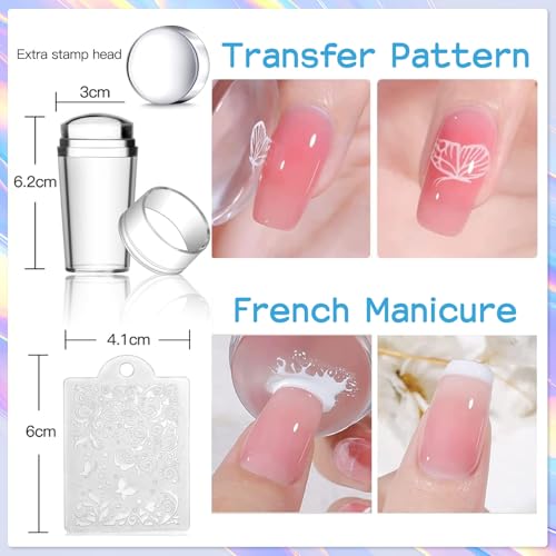 Biutee Nail Stamping Kit 12Pcs Nail Art Stamp Plates 8 Colors Stamping Polish Gel Silicone Stamper Scraper with Storage Bag, Nail Stamping Plate Lace Star Rose Plaid TemplateHoliday Design Gift