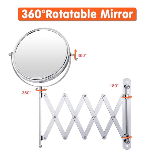 Welllink 7Inch Wall Mounted Double Sided Mirror, Accordion Makeup Mirror with 1X/7X Magnification, Chrome Finish, High-Definition Glass, Space Saving Screw Mount