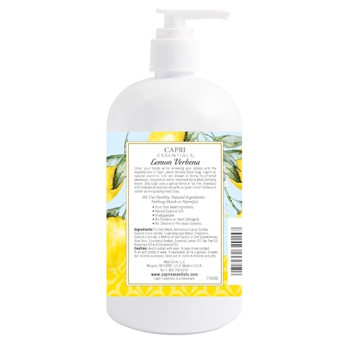 CAPRI ESSENTIALS Hand Soap Liquid, Natural Household Cleaning Supplies, Gentle Plant Based Aromatic Hand Wash, Blend of Essential Oils, Removes Dirt & Grime, Lemon Verbena Scent, 16 FL Oz (3 Pack)