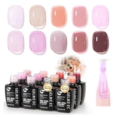 gelike ec Jelly Color Gel Polish: Nail Starter Kit with 10 Gel Colors & Base Gel Top Coat - need UV LED Lamp Cure Smooth Easy Used on Natural & Acrylic Nails at Home for Beginner and Teens