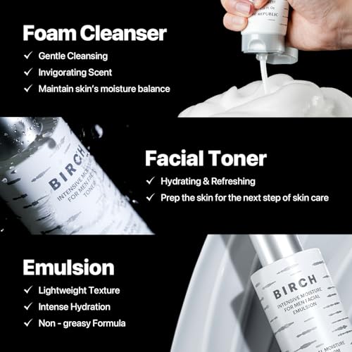 Nature Republic Birch Intensive for Men Skin Care Kit, Face Wash & Moisturizer for Hydrated Skin, Facial Toner (4.05 Fl.Oz) Emulsion (4.05 Fl.Oz) Cleaner (3.38 Fl.Oz), Korean Gift Sets
