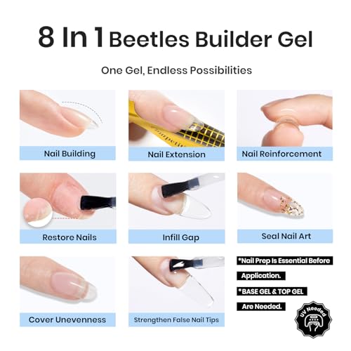 Beetles Builder Gel for Nails-Dew Glow 8-in-1 Nail Thickening Strengthening Building Apex with Liner Nail Brush for Beginner DIY Salon at Home,Clear Builder Nail Gel,UV & LED Lamp Cured Needed