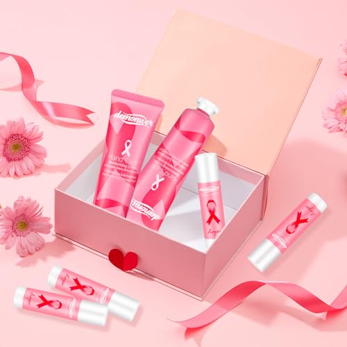 50 Sets Breast Cancer Awareness Favors Pink Ribbon Hand Cream Lip Balm with Thank You Cards Organza Bags Awareness Gifts for Women Nurse Breast Cancer Charity Event Survivor Campaign Party Favors