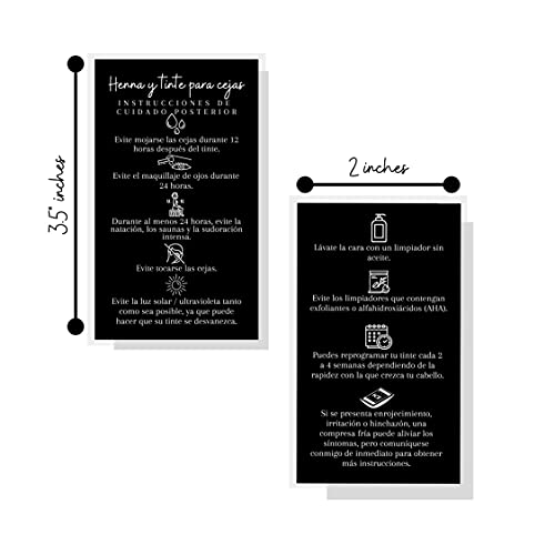 SPANISH Brow Tint & Henna Aftercare Card | Henna y Tinte Para Cejas | 50 Pack | Size 2x3.5¡± inches Business Card | Starter Lift Kit with Tint at home diy supplies | Black with White Design