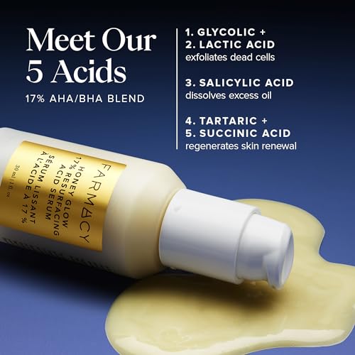 Farmacy Face Exfoliator Serum - Honey Glow 17% AHA + BHA Liquid Exfoliant & Salicylic Acid Serum - Resurfacing Skin Care for Reduced Pores + Texture - Hydrates Skin for an Overall Glow (30ml)