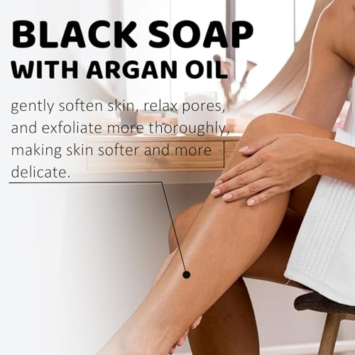 2Pack Moroccan Black Soap with Argan Oil, Morocco Black Beldi Soap Hammam Ritual Body Scrub, Dead Skin Removal, SPA at Home, Purifying Moroccan Body Wash with Exfoliating Glove