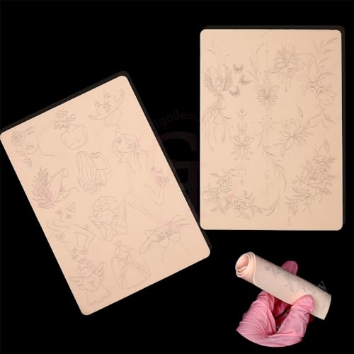 1PC Double Side Silicone Training Pad, Pink Pre-Printed Fine Line Tattoo Practice Skin with Light Gray Stencils, Precise Tattooing Training Pad