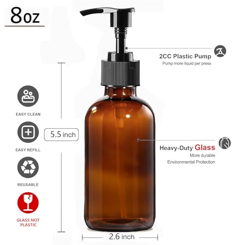 12 Pack 8 oz Amber Glass Bottles with Pumps for Essential Oils, Cleaning Products, Lotions, Aromatherapy Oil, Pump Bottles, Refillable Containers with Cap, Funnel, 12 Chalk Labels, 1 Pen