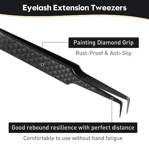 Ms.Queen Lash Tweezers for Eyelash Extensions, Diamond Grip 90 Degree Fiber Tip Volume Lash Extension Tweezers,Black
