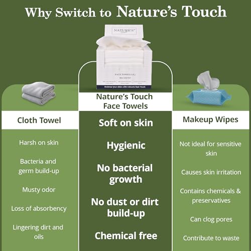 Nature¡¯s Touch Face Towels, Biodegradable Viscose, 100% USDA Biobased, Disposable Face Towelette, Ultra Soft, Vegan, OEKO-TEX Certified, Travel, Skincare, Beauty Routine Use, 10"x12", Pack of 1, 50 Ct
