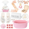 Baderke 17 Pcs Bride to Be Gift Basket for Bridal Shower, Bridal Box with Basket, Makeup Bag, Slippers, Headband, Sash, Mrs Ring Dish, Jewelry Box and More for Wedding Engagement Gift(Pink)
