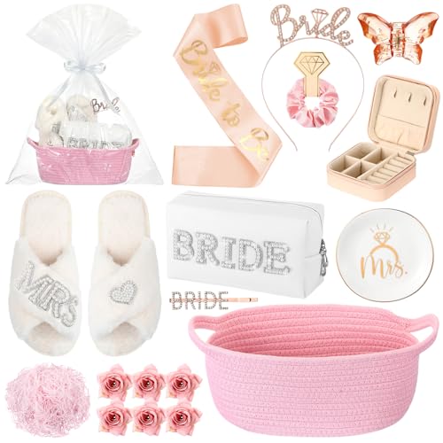 Baderke 17 Pcs Bride to Be Gift Basket for Bridal Shower, Bridal Box with Basket, Makeup Bag, Slippers, Headband, Sash, Mrs Ring Dish, Jewelry Box and More for Wedding Engagement Gift(Pink)