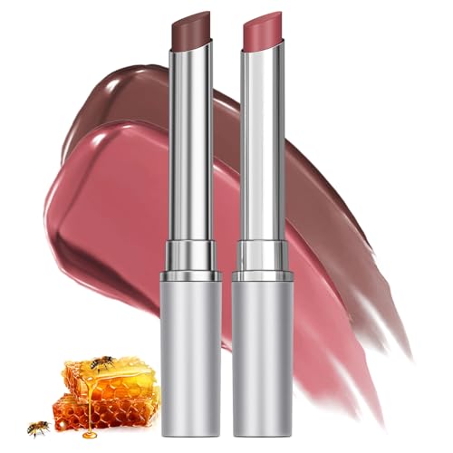 2Pcs Honey Lipstick Tinted Lip Balm Set - Sheer Hydrating & Nourishing Lipstick for All Skin Tones - Moisturizing Lip Color, Richly Pigmented, Long-Lasting Natural Glossy Lip Tint (Nude & Pink)